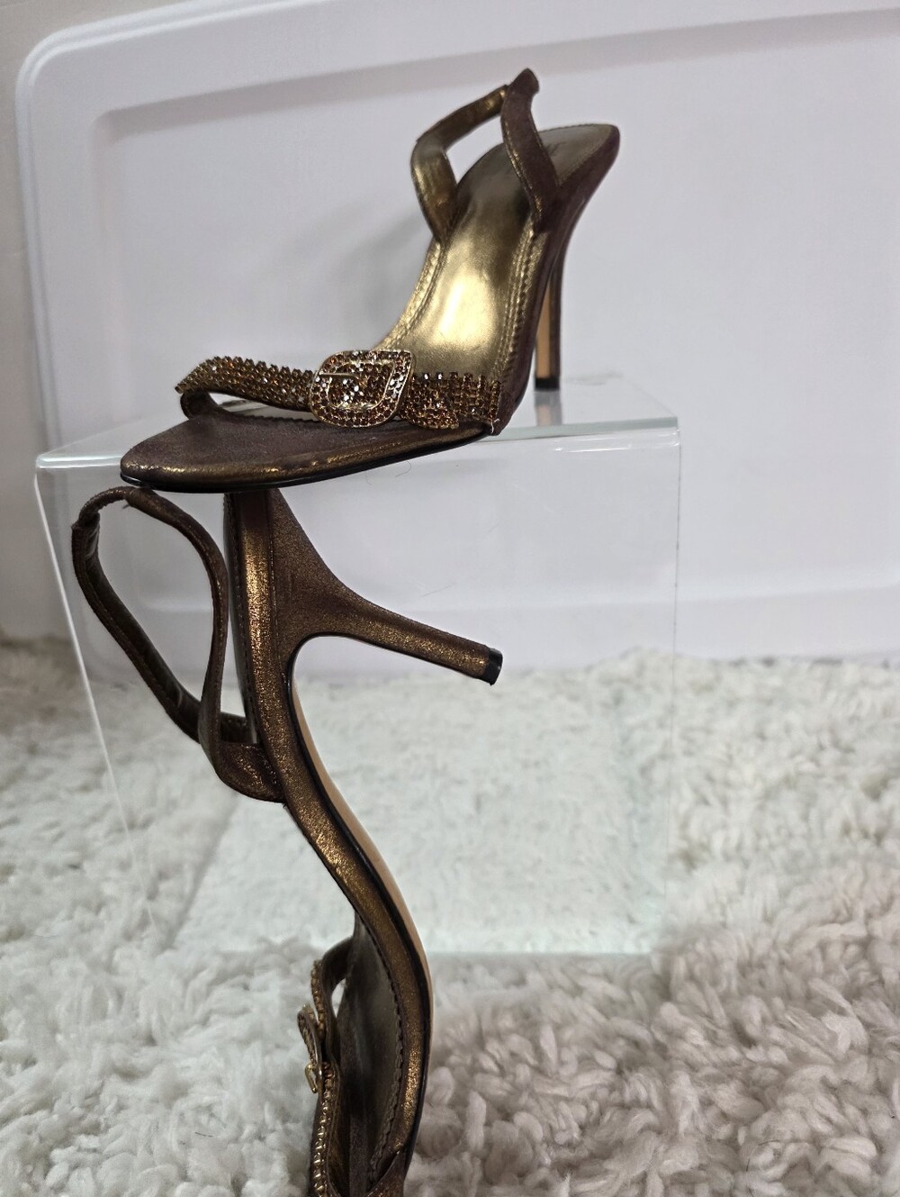 Pelle Moda Metallic Bronze Slingback Heels with Rhinestone Buckle